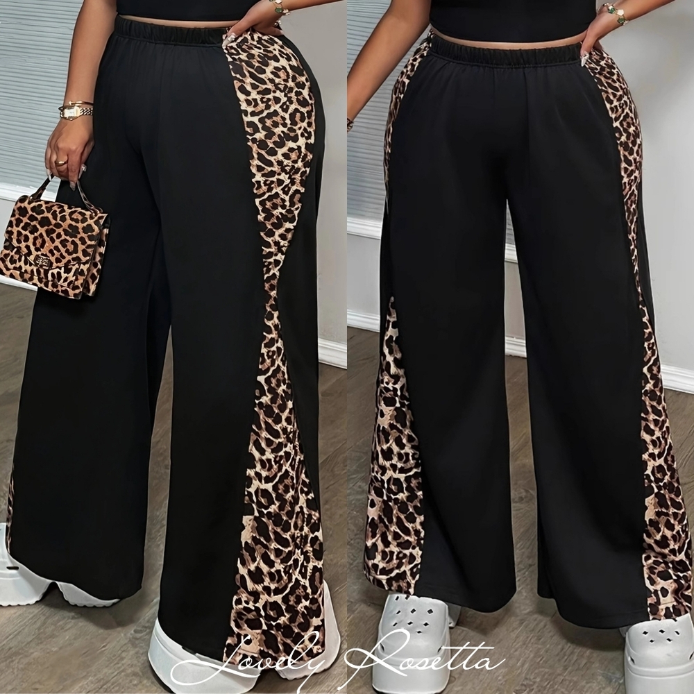 Plus Size Leopard Print Black Wide-Leg Pants